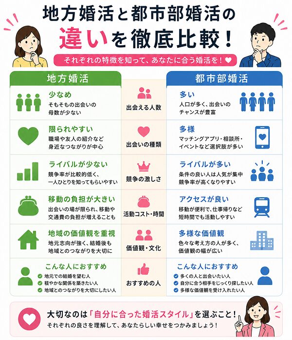 地方婚活と都市部婚活の違いを徹底比較