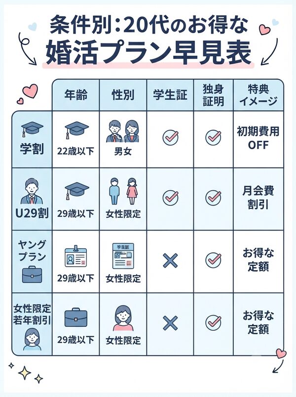 20代のお得な婚活プラン早見表（条件別）