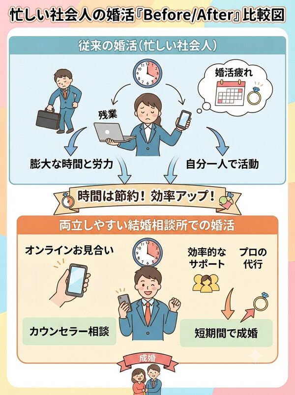 忙しい社会人の婚活「Before/After」比較図