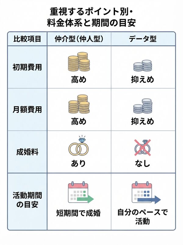 重視するポイント別・料金体系と期間の目安（比較表）