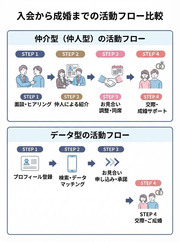 入会から成婚までの活動フロー比較（プロセス図）