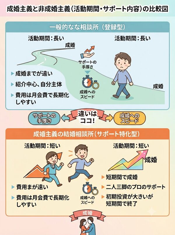 成婚主義と非成婚主義（活動期間・サポート内容）の比較図