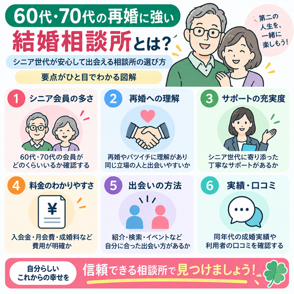 60代・70代の再婚に強い結婚相談所とは?シニア世代が安心して出会える相談所の選び方|要点がひと目でわかる図解