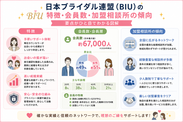 日本ブライダル連盟（BIU）の特徴・会員数・加盟相談所の傾向の要点をまとめた図解