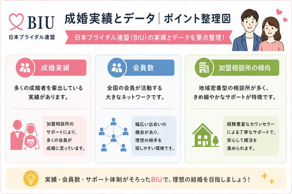 日本ブライダル連盟（BIU）の特徴・会員数・加盟相談所の傾向について、成婚実績とデータのポイントを整理した図解