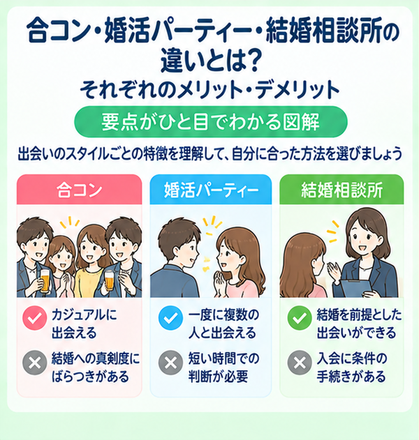 合コン・婚活パーティー・結婚相談所の違いとは?それぞれのメリット・デメリット