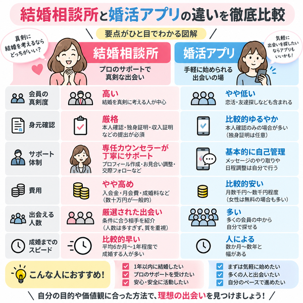 結婚相談所と婚活アプリの違いを徹底比較|要点がひと目でわかる図解