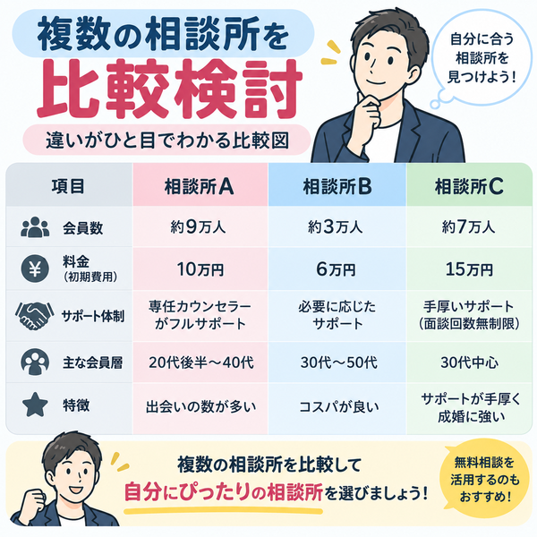 複数の相談所を比較検討|違いがひと目でわかる比較図