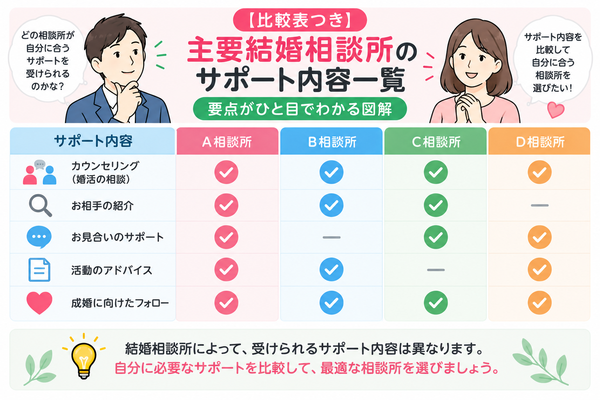 【比較表つき】主要結婚相談所のサポート内容一覧の要点をまとめた図解