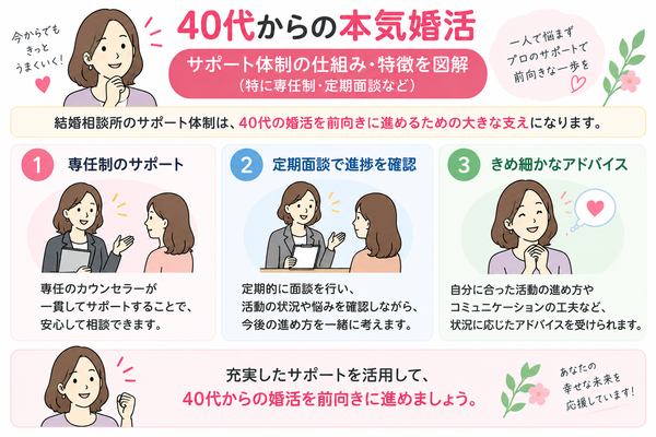 サポート体制が充実しているか(特に専任制・定期面談など)|仕組み・特徴を図解
