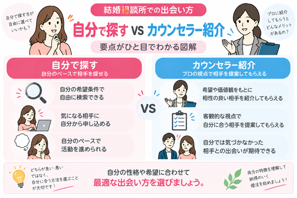 自分で探す vs カウンセラー紹介の要点をまとめた図解