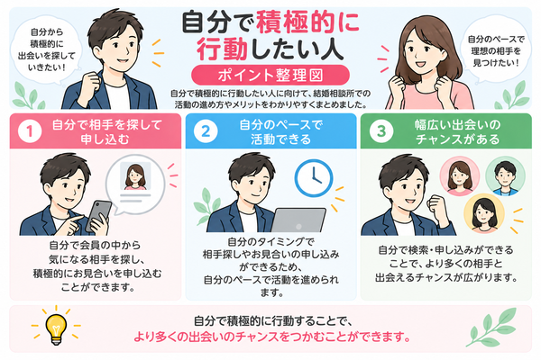 自分で探す vs カウンセラー紹介について、自分で積極的に行動したい人のポイントを整理した図解