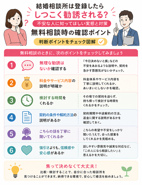 結婚相談所は登録したらしつこく勧誘される?不安な人に知ってほしい実態と対策について、無料相談時の確認ポイントの判断ポイントを確認する図解