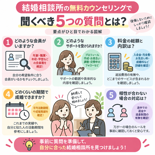 結婚相談所の無料カウンセリングで聞くべき5つの質問とは?|要点がひと目でわかる図解