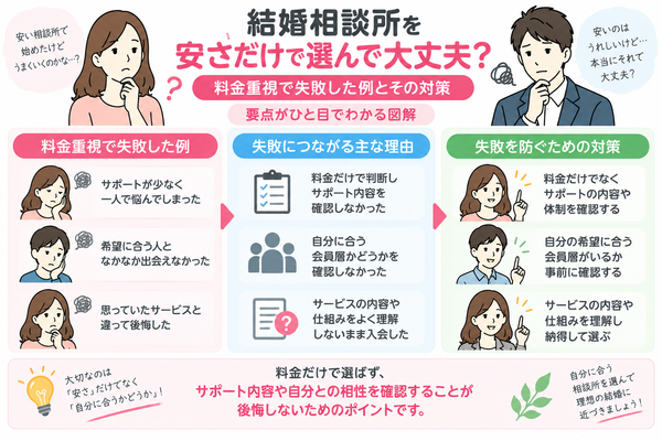 結婚相談所を安さだけで選んで大丈夫?料金重視で失敗した例とその対策の要点をまとめた図解