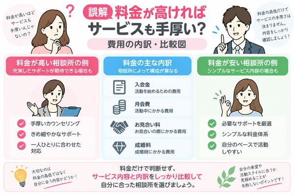 結婚相談所選びでよくある誤解と真実について、誤解①:料金が高ければサービスも手厚いの費用や内容を比較した図解