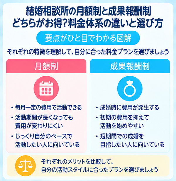 結婚相談所の月額制と成果報酬制どちらがお得？料金体系の違いと選び方