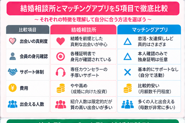 結婚相談所とマッチングアプリを5項目で徹底比較