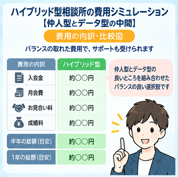 ハイブリッド型相談所の費用シミュレーション【仲人型とデータ型の中間】