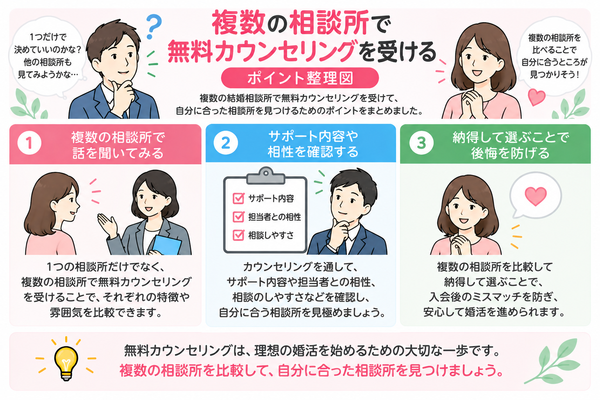 結婚相談所を安さだけで選んで大丈夫?料金重視で失敗した例とその対策について、複数の相談所で無料カウンセリングを受けるのポイントを整理した図解