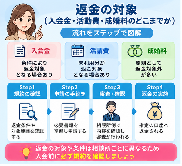 返金の対象(入会金・活動費・成婚料のどこまでか)