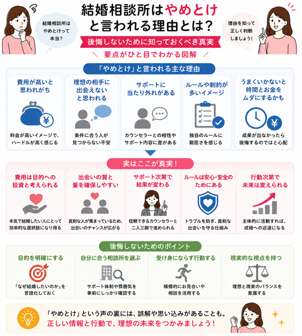 結婚相談所の費用を抑えたい人向けについて、「オンライン型」や「データマッチング型」を検討するのポイントを整理した図解
