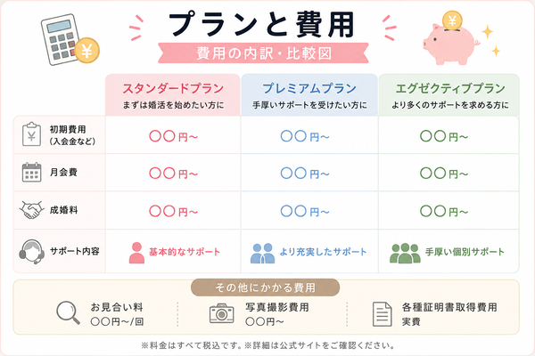 アエルバ縁結びの口コミ・料金・会員数まとめについて、プランと費用の費用や内容を比較した図解