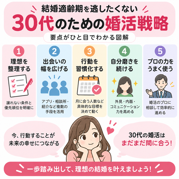 結婚適齢期を逃したくない30代のための婚活戦略|要点がひと目でわかる図解