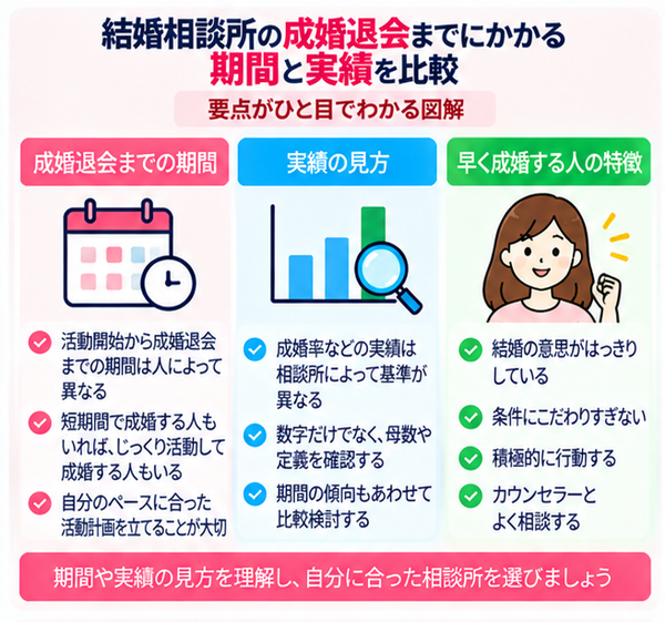 結婚相談所の成婚退会までにかかる期間と実績を比較