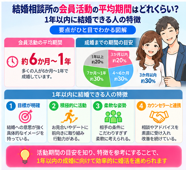 結婚相談所の会員活動の平均期間はどれくらい?1年以内に結婚できる人の特徴