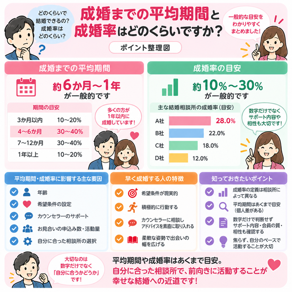成婚までの平均期間と成婚率はどのくらいですか?|ポイント整理図
