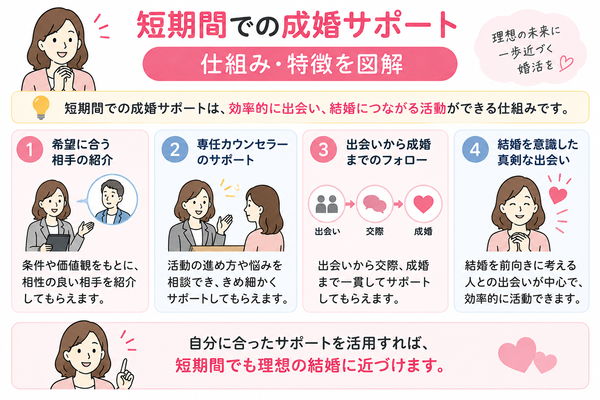 短期間での成婚サポート｜仕組み・特徴を図解