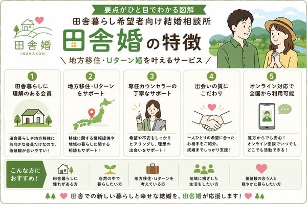 田舎暮らし希望者向け結婚相談所『田舎婚』の特徴の要点をまとめた図解