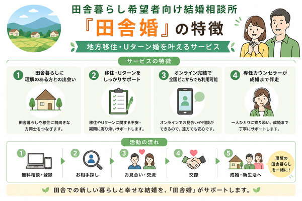 田舎暮らし希望者向け結婚相談所『田舎婚』の特徴について、サービスの特徴の仕組みと特徴をまとめた図解