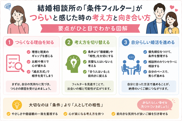結婚相談所の「条件フィルター」がつらいと感じた時の考え方と向き合い方の要点をまとめた図解