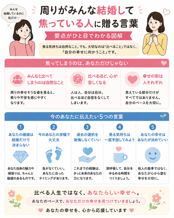 周りがみんな結婚して焦っている人に贈る言葉の要点をまとめた図解