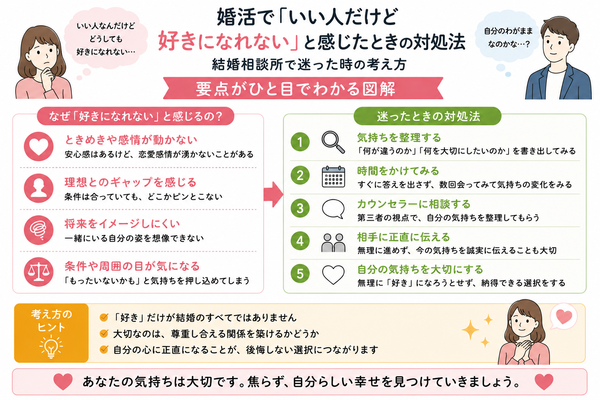 婚活で「いい人だけど好きになれない」と感じたときの対処法の要点をまとめた図解
