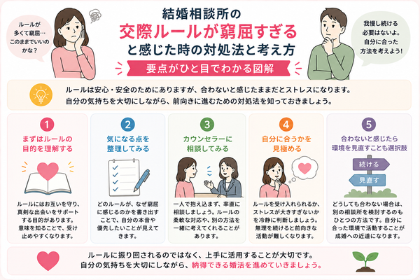 結婚相談所の交際ルールが窮屈すぎると感じた時の対処法と考え方の要点をまとめた図解