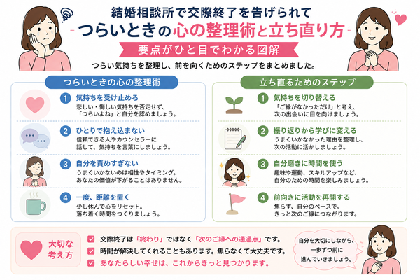 結婚相談所で交際終了を告げられてつらいときの心の整理術と立ち直り方の要点をまとめた図解