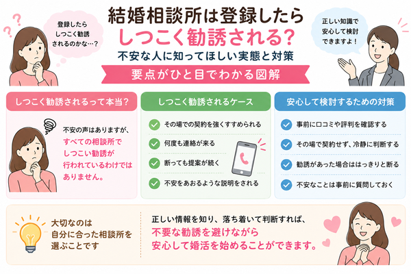 結婚相談所は登録したらしつこく勧誘される?不安な人に知ってほしい実態と対策の要点をまとめた図解