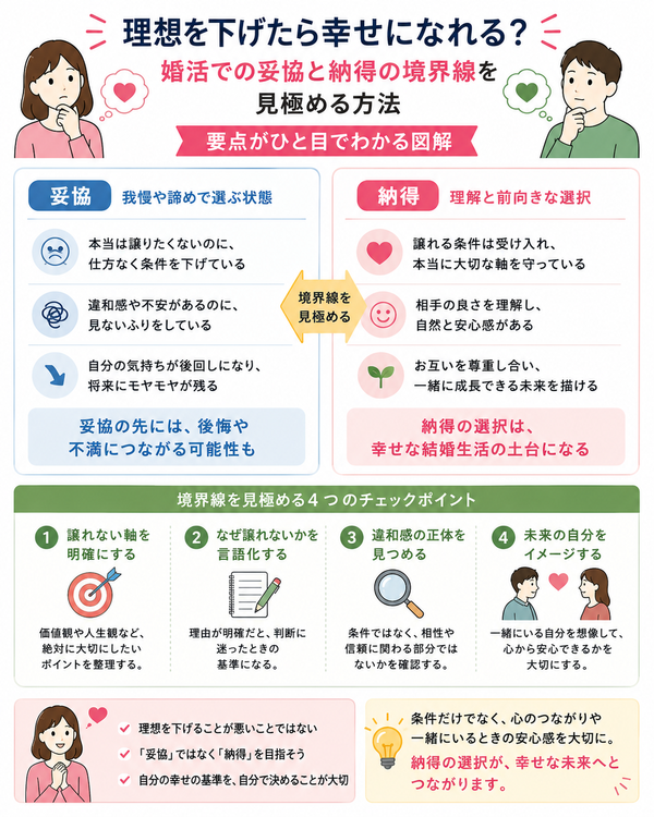 理想を下げたら幸せになれる?婚活での妥協と納得の境界線を見極める方法の要点をまとめた図解