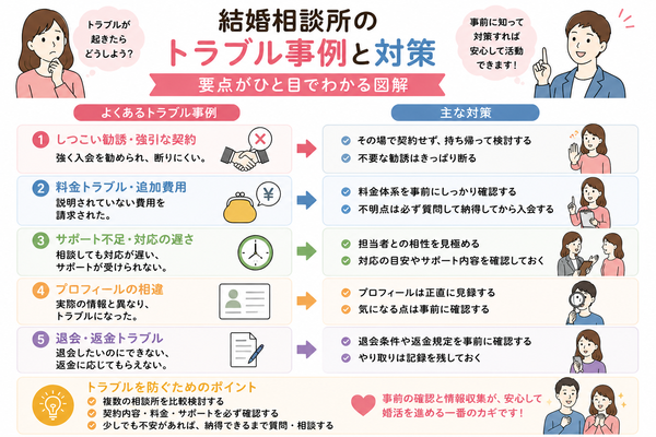結婚相談所のトラブル事例と対策の要点をまとめた図解