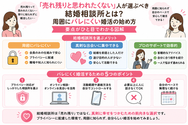 「売れ残りと思われたくない」人が選ぶべき結婚相談所とは?周囲にバレにくい婚活の始め方の要点をまとめた図解