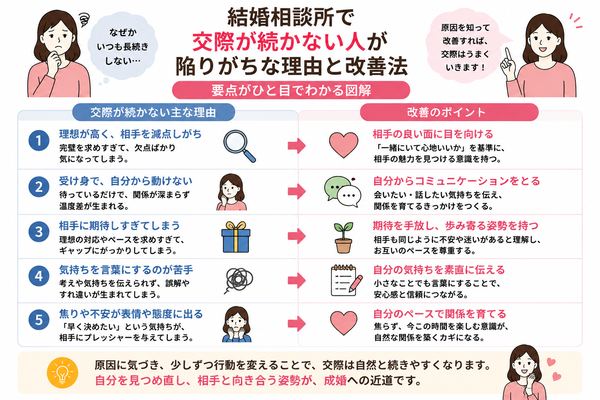 結婚相談所で交際が続かない人が陥りがちな理由と改善法の要点をまとめた図解