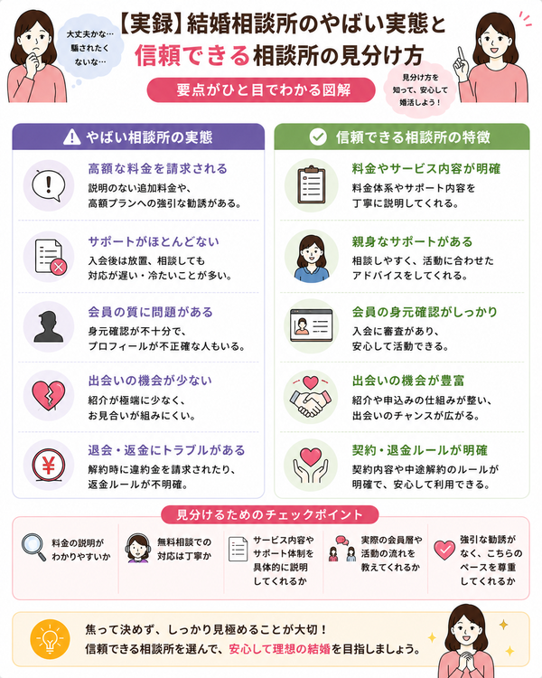 【実録】結婚相談所のやばい実態と信頼できる相談所の見分け方の要点をまとめた図解