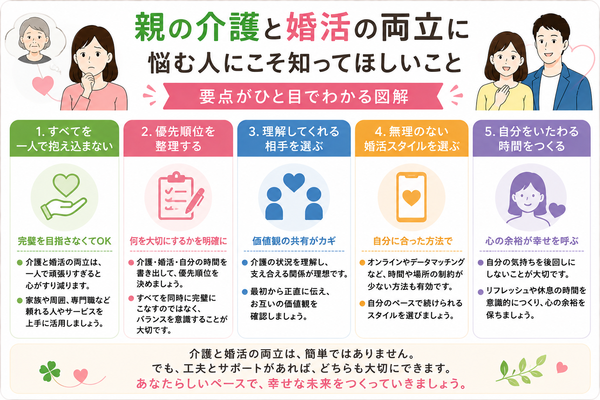親の介護と婚活の両立に悩む人にこそ知ってほしいことの要点をまとめた図解