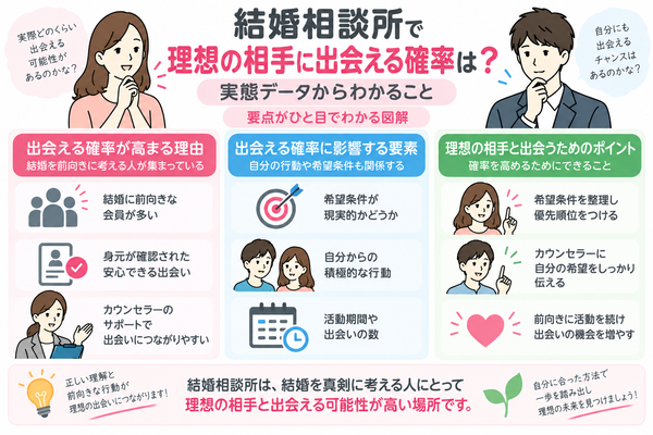 結婚相談所で理想の相手に出会える確率は?実態データからわかることの要点をまとめた図解