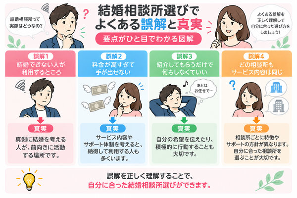 結婚相談所選びでよくある誤解と真実の要点をまとめた図解