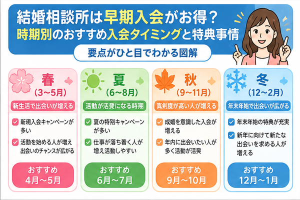 結婚相談所は早期入会がお得?時期別のおすすめ入会タイミングと特典事情