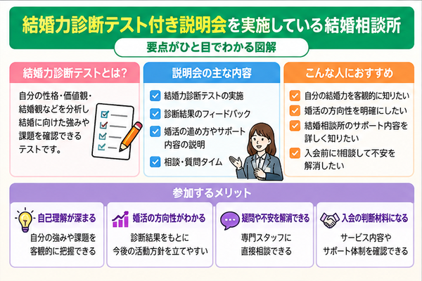 結婚力診断テスト付き説明会を実施している結婚相談所